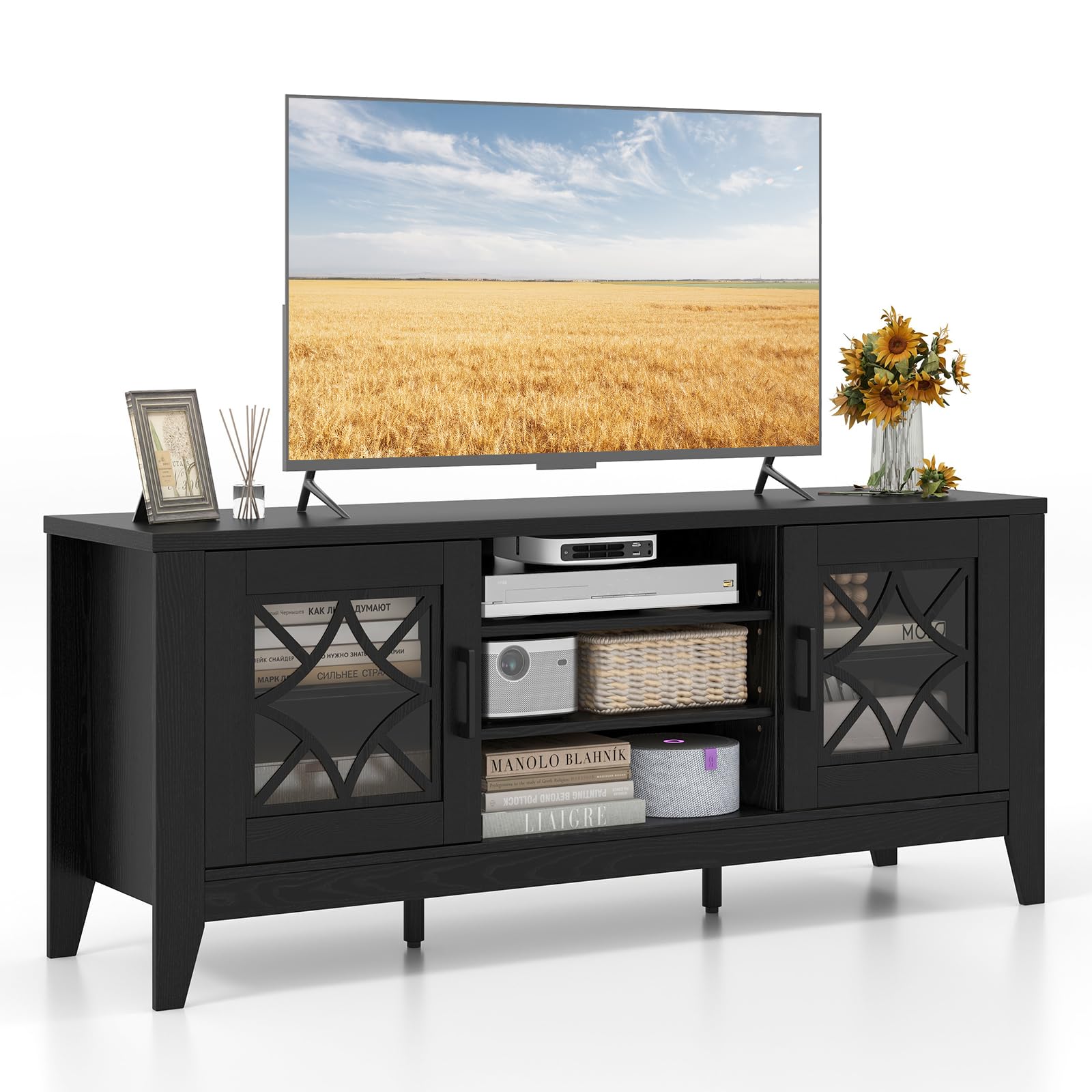 Tangkula Farmhouse TV Stand for TVs Up to 65-in, Classic Media Entertainment Center w/Glass Door Cabinets & 4 Adjustable Shelves